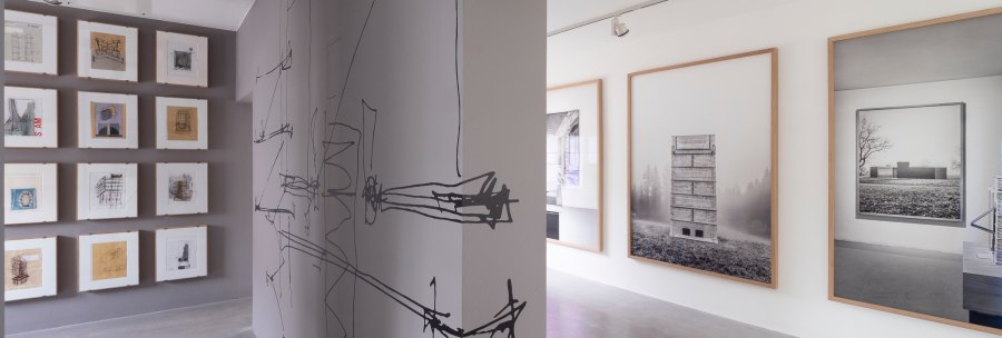 Ausstellungsraum der Architekturgalerie Boltshauser mit gerahmten Architekturzeichnungen und großformatigen Schwarzweißfotos., © Thomas Fütterer Ausstellungsraum der Architekturgalerie Boltshauser mit gerahmten Architekturzeichnungen und großformatigen Schwarzweißfotos., © Thomas Fütterer