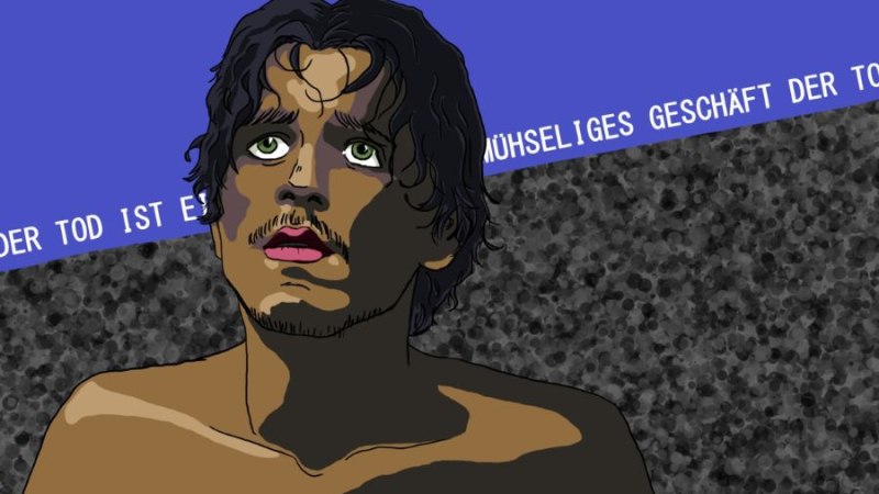 Ein nachdenklicher Mann blickt nach oben. Im Hintergrund steht der Text 'Der Tod ist ein mühseliges Geschäft' auf blauem und grauem Hintergrund., © Fotocredit Theater La Lune Stuttgart