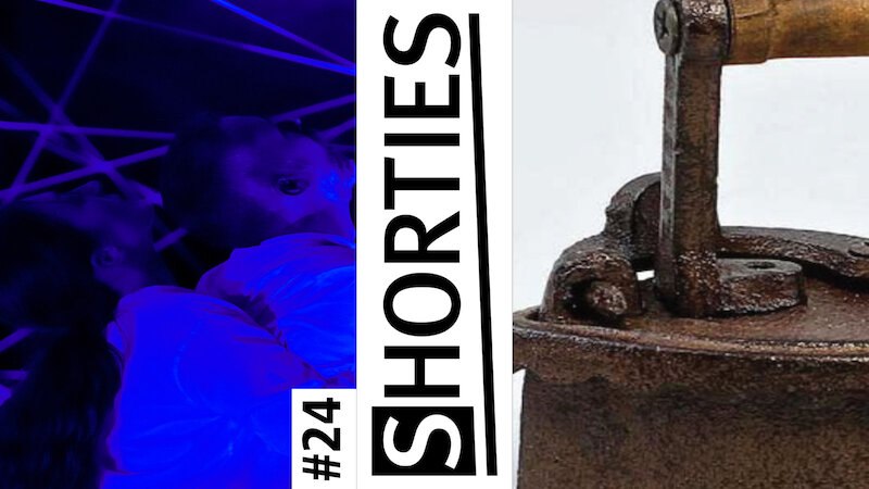 Collage with two images: people in blue light on the left, an old iron on the right. In between is the title 'Shorties #24'., &copy; FITZ Das Theater animierter Formen