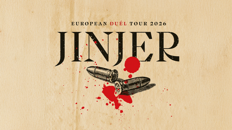 Poster der JINJER European Duél Tour 2026 mit Patronen und roten Blutspritzern auf beigem Hintergrund., © links im Bild Poster der JINJER European Duél Tour 2026 mit Patronen und roten Blutspritzern auf beigem Hintergrund., © links im Bild