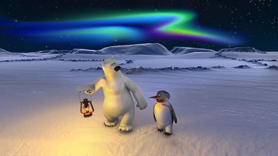 A polar bear holds a lantern and stands next to a penguin on a snowy surface. In the background, an aurora borealis glows in the night sky., &copy; Planetarium Stuttgart