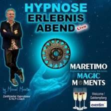 Werbung für einen Hypnose Erlebnisabend mit Michael Maretimo. Enthält ein Bild von ihm, ein Zahnrad und Sektgläser auf blauem Hintergrund., © links im Bild Werbung für einen Hypnose Erlebnisabend mit Michael Maretimo. Enthält ein Bild von ihm, ein Zahnrad und Sektgläser auf blauem Hintergrund., © links im Bild