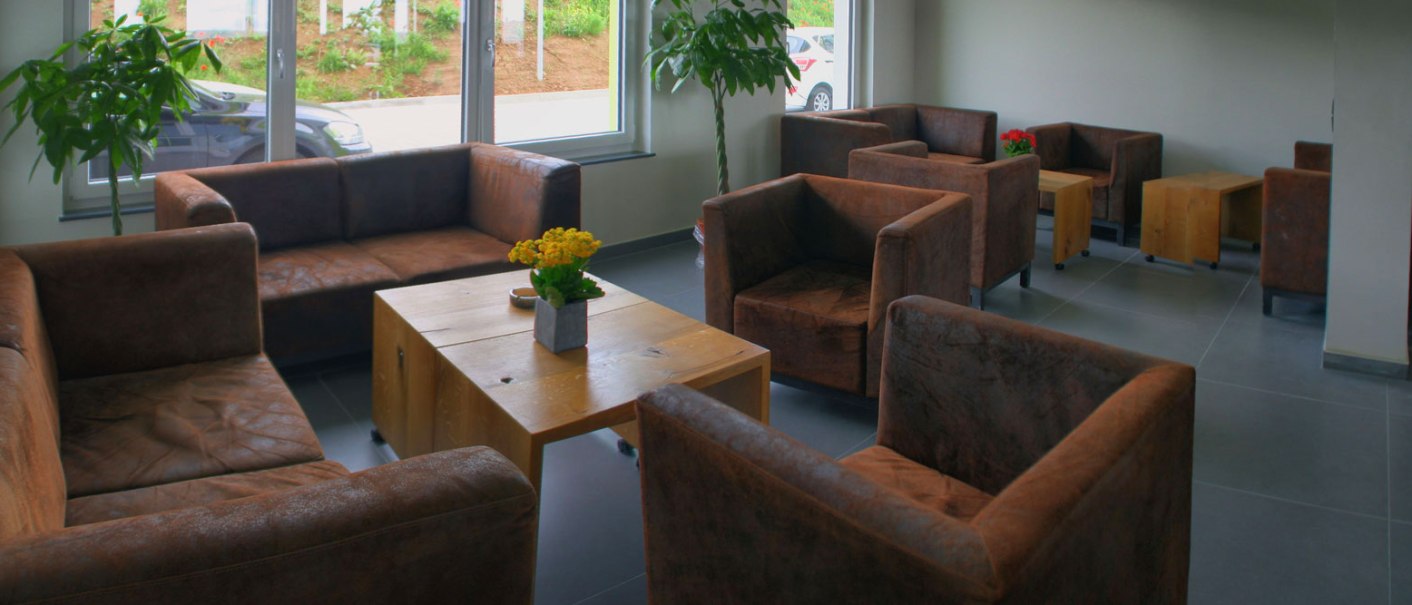 Cozy smoking lounge with brown leather armchairs, wooden tables and plants. Large windows let in plenty of light., © TOMAS