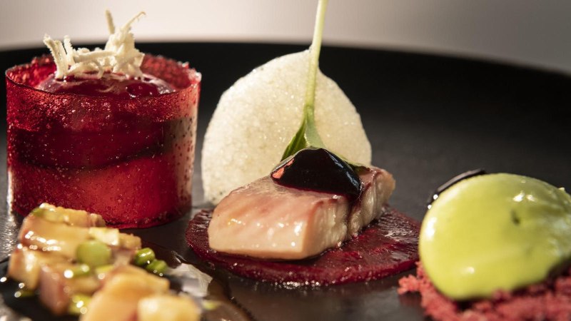 Ein kunstvoll angerichtetes Gourmetgericht mit rotem Gelee, Fisch und grüner Creme auf einem schwarzen Teller., © Restaurant Bachofer
