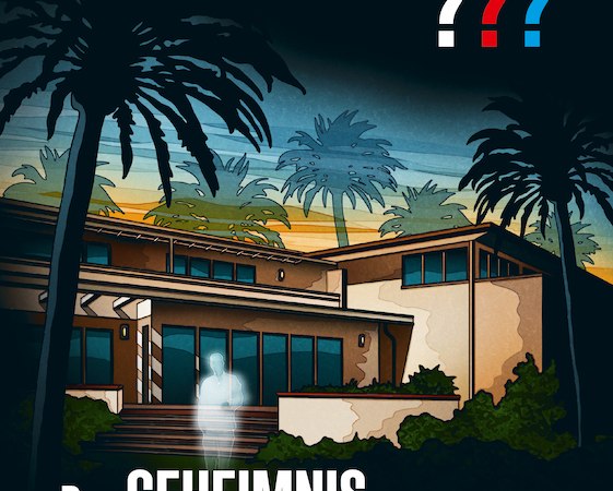 Buchcover von 'Die drei ??? Das Geheimnis der sieben Palmen'. Ein modernes Haus mit Palmen im Hintergrund und eine geisterhafte Figur im Vordergrund., &copy; Literaturhaus Stuttgart