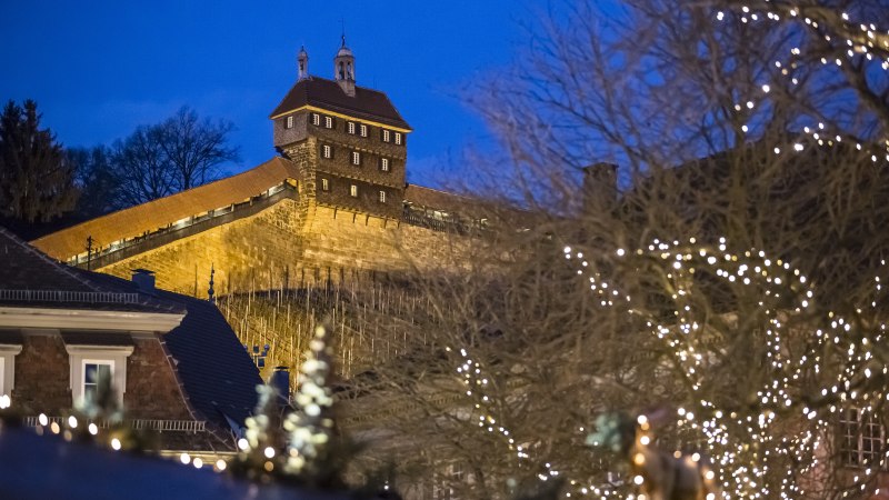 Esslingen Castle glows at dusk, surrounded by trees strung with lights. A festive sight during the blue hour., &copy; www.miketraffic.com