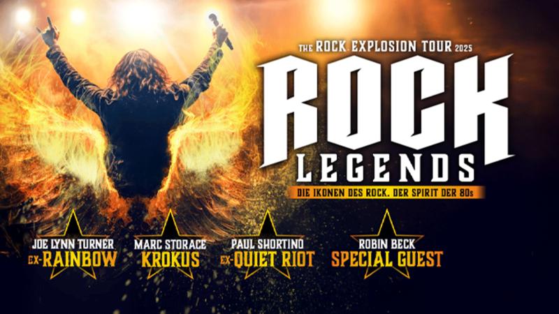 Poster der Rock Explosion Tour 2025 mit dem Titel 'Rock Legends'. Es zeigt einen Sänger mit Mikrofon und die Namen von Joe Lynn Turner, Marc Storace, Paul Shortino und Robin Beck., © links im Bild Poster der Rock Explosion Tour 2025 mit dem Titel 'Rock Legends'. Es zeigt einen Sänger mit Mikrofon und die Namen von Joe Lynn Turner, Marc Storace, Paul Shortino und Robin Beck., © links im Bild