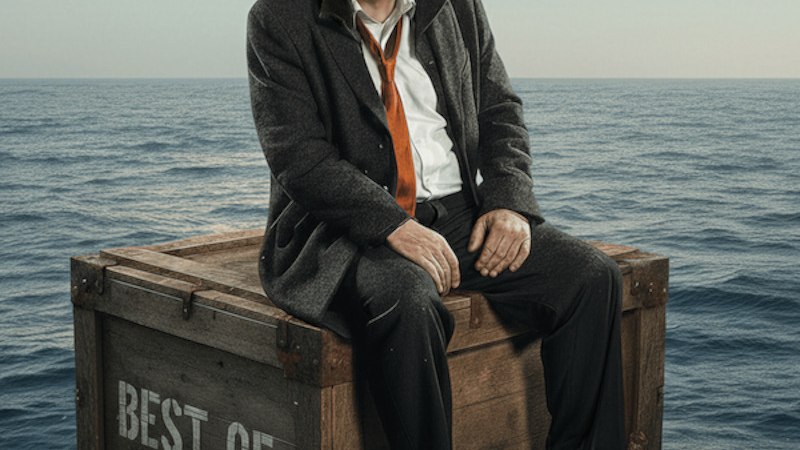 Ein Mann in einem Anzug sitzt auf einer Holzkiste mit der Aufschrift 'Best Of', die auf dem Meer schwimmt. Der Himmel ist klar und das Wasser ruhig., © Renitenztheater Stuttgart e.V.