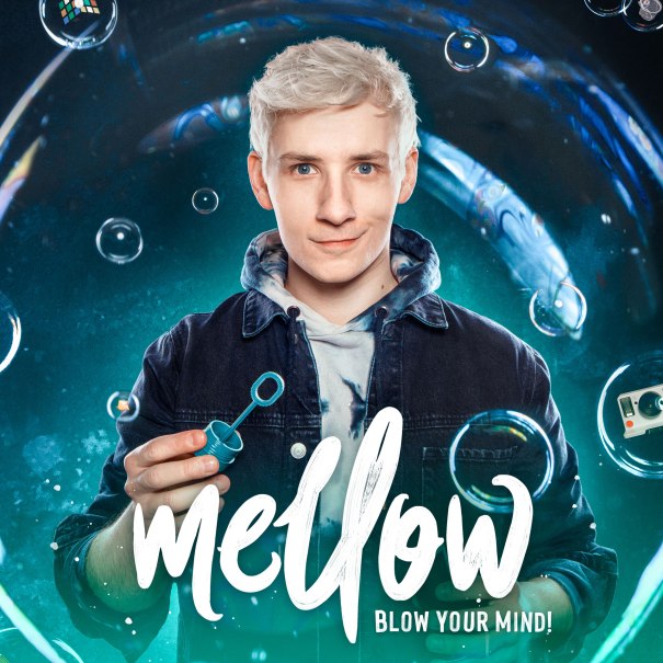 A young man with blond hair holds a bubble wand in front of a colorful background. The lettering 'mellow' is prominent in the picture., &copy; Friedrichsbau Variet&eacute;