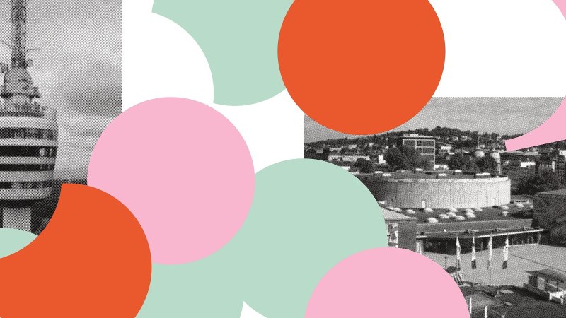 Collage mit schwarz-wei&szlig;en Fotos von Geb&auml;uden, &uuml;berlagert von bunten Kreisen in Rot, Gr&uuml;n und Rosa. Ein kreatives Spiel mit Formen und Farben., &copy; StadtPalais