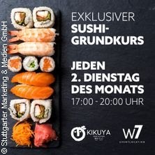 Werbung für einen exklusiven Sushi-Grundkurs in Stuttgart, jeden 2. Dienstag des Monats von 17:00 bis 20:00 Uhr. Sushi auf schwarzem Hintergrund., © links im Bild