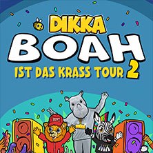 Bunte Illustration mit Tieren in Partylaune und dem Schriftzug 'DIKKA - Boah ist das krass Tour 2'., &copy; links im Bild