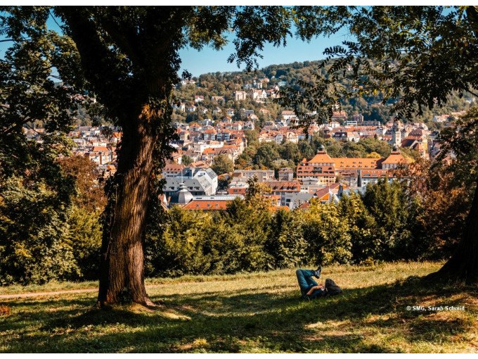 Eine Person liegt entspannt auf einer Wiese unter Bäumen, mit Blick auf eine Stadtlandschaft im Hintergrund., © Stuttgart Marketing GmbH Eine Person liegt entspannt auf einer Wiese unter Bäumen, mit Blick auf eine Stadtlandschaft im Hintergrund., © Stuttgart Marketing GmbH