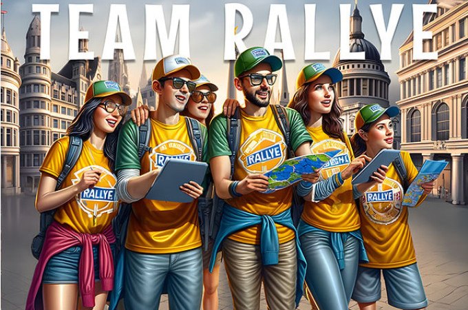 Five people in rally shirts and caps hold maps and tablets. They are standing in front of an urban backdrop. At the top it says 'TEAM RALLYE'., © TeamEscape Stuttgart Five people in rally shirts and caps hold maps and tablets. They are standing in front of an urban backdrop. At the top it says 'TEAM RALLYE'., © TeamEscape Stuttgart