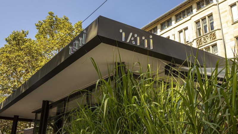 Modernes Gebäude mit dem Schriftzug 'Tatti' auf dem Dach. Im Vordergrund sind hohe grüne Pflanzen zu sehen. Im Hintergrund ein historisches Gebäude., © SMG, Sarah Schmid