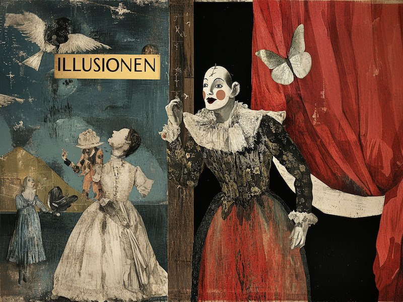 Ein Clown steht vor roten Vorhängen, daneben historische Figuren und Vögel. Ein Schmetterling fliegt, der Titel 'Illusionen' ist sichtbar., © tri-bühne e.V. Ein Clown steht vor roten Vorhängen, daneben historische Figuren und Vögel. Ein Schmetterling fliegt, der Titel 'Illusionen' ist sichtbar., © tri-bühne e.V.