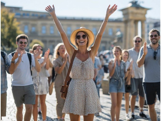 Frau in Sommerkleid und Hut hebt die Arme, umgeben von applaudierenden Menschen auf einem sonnigen Platz., © Stuttgart Marketing GmbH Frau in Sommerkleid und Hut hebt die Arme, umgeben von applaudierenden Menschen auf einem sonnigen Platz., © Stuttgart Marketing GmbH