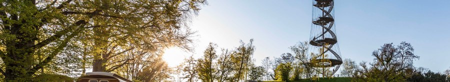 The Killesberg Tower stands in a park surrounded by trees. People are walking at sunset. A waffle stand is visible., © © Stuttgart-Marketing GmbH, Werner Dieterich