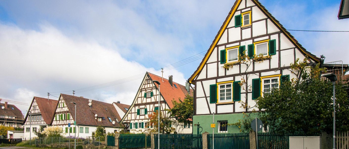 Half-timbered houses in Echterdingen under a blue sky. The buildings have red tiled roofs and green shutters, surrounded by trees and fences., © Stuttgart-Marketing GmbH, Sarah Schmid