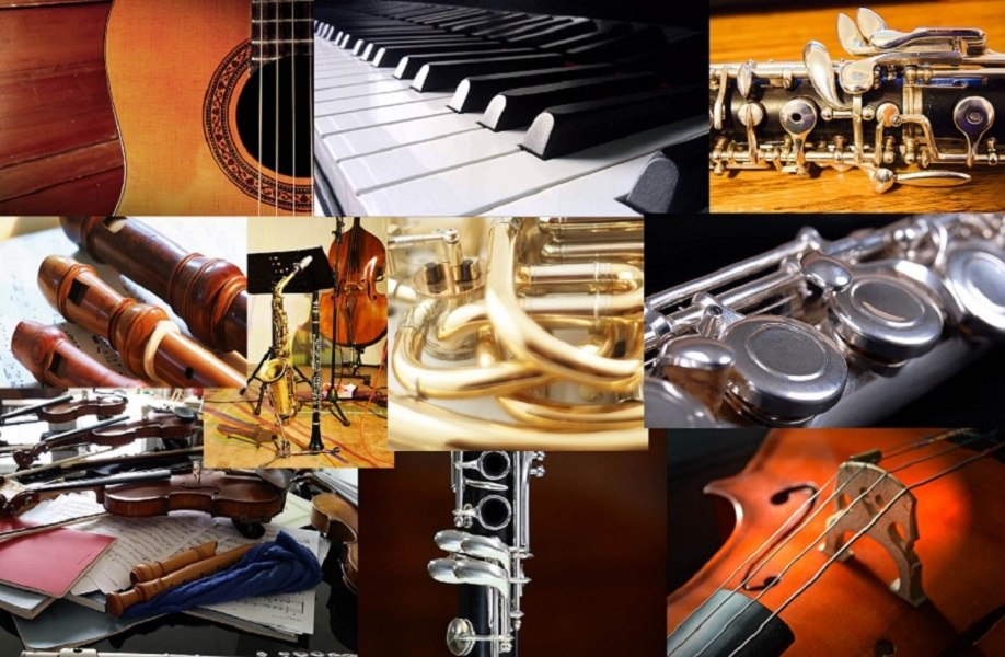 Collage mit Gitarre, Klavier, Flöte, Klarinette, Geige und Horn. Verschiedene Instrumente in Nahaufnahme., © Pixabay: Stephanie Kummert