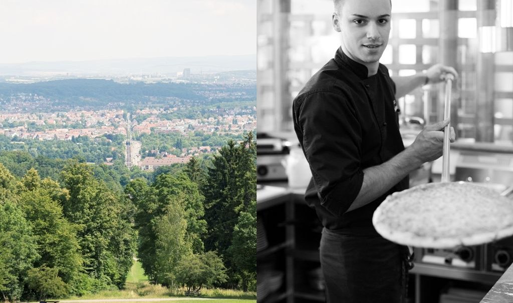 On the left, a green landscape with a view of a city; on the right, a chef in a black uniform holding a pizza., &copy; Mercure Hotel Stuttgart Gerlingen