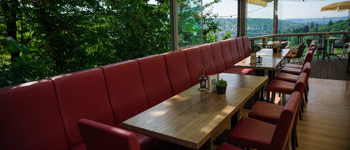 Outdoor area with red benches and wooden tables, surrounded by trees. In the background, a view of green hills and a blue sky., © Rotenberger Weingärtle, Frederik Garlin