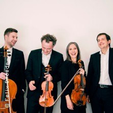 Vier Musiker in eleganter Kleidung lachen und halten Streichinstrumente vor einem hellen Hintergrund., &copy; links im Bild