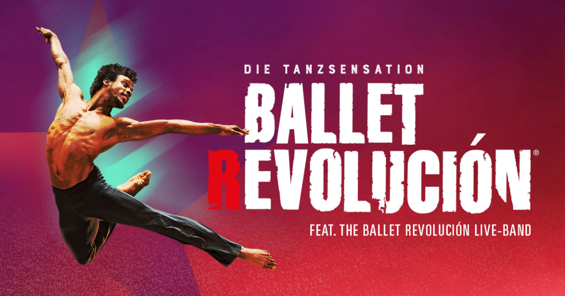 Ein T&auml;nzer springt dynamisch vor einem farbigen Hintergrund. Der Text 'Ballet Revoluci&oacute;n' ist prominent zu sehen., &copy; links im Bild