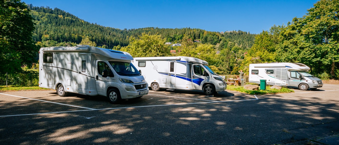 Three motorhomes parked on a pitch in a green, wooded area in sunny weather., &copy; Stuttgart-Marketing GmbH, Thomas Niederm&uuml;ller