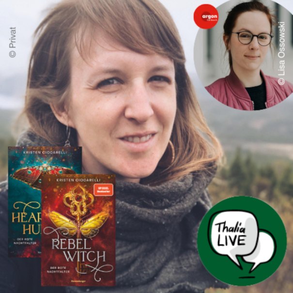 Portr&auml;t einer Frau mit den Buchcovern von "Heartless Hunter" und "Rebel Witch". Oben rechts ein weiteres Portr&auml;t und das Thalia Live Logo., &copy; Thalia Deutschland GmbH & Co. KG