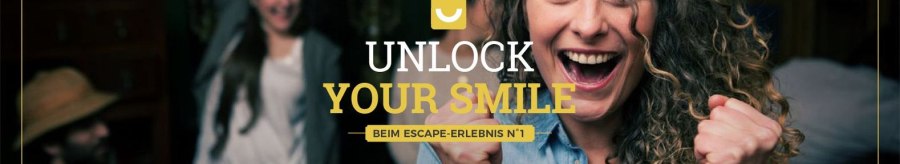 Woman cheering with clenched fists, other people celebrating in the background. Text: "Unlock Your Smile" and "TeamEscape"., © TeamEscape Stuttgart Woman cheering with clenched fists, other people celebrating in the background. Text: "Unlock Your Smile" and "TeamEscape"., © TeamEscape Stuttgart
