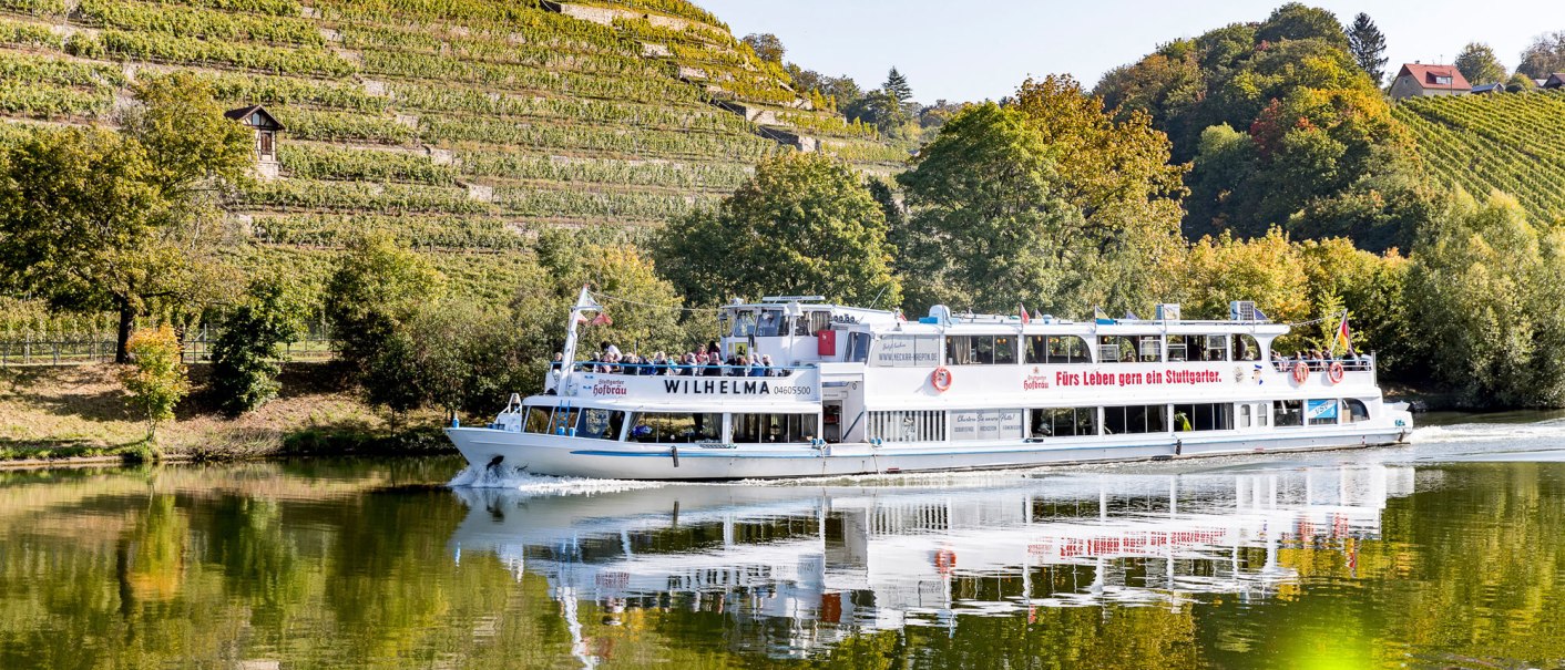 An excursion boat called Wilhelma sails on a river, surrounded by green vineyards and trees in the fall., © all copyrights are reserved by maks richter An excursion boat called Wilhelma sails on a river, surrounded by green vineyards and trees in the fall., © all copyrights are reserved by maks richter