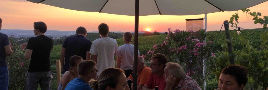 Menschen sitzen unter Sonnenschirmen in einem Weinberg und genie&szlig;en den Sonnenuntergang. Einige stehen und blicken in die Ferne., &copy; Weingut Diehl