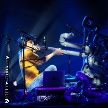 Eine Person auf der B&uuml;hne spielt ein kreatives Blasinstrument aus Rohren, umgeben von Mikrofonen und einem Laptop. Die Beleuchtung ist blau., &copy; links im Bild