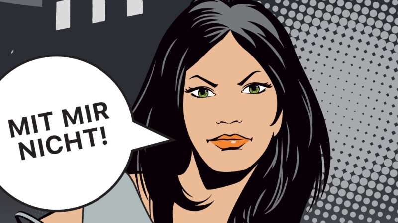 Comic-Stil Frau mit schwarzem Haar und entschlossenem Blick, Sprechblase: 'Mit mir nicht!'. Hintergrund mit Punkten, Text oben: 'Sicherheitstraining für Frauen'., © Kommunale Kriminalprävention Stadt Stuttgart Comic-Stil Frau mit schwarzem Haar und entschlossenem Blick, Sprechblase: 'Mit mir nicht!'. Hintergrund mit Punkten, Text oben: 'Sicherheitstraining für Frauen'., © Kommunale Kriminalprävention Stadt Stuttgart