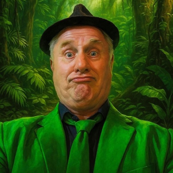 Ein Mann in grünem Anzug und Hut zieht ein lustiges Gesicht vor einem dschungelartigen Hintergrund., © Renitenztheater Stuttgart e.V. Ein Mann in grünem Anzug und Hut zieht ein lustiges Gesicht vor einem dschungelartigen Hintergrund., © Renitenztheater Stuttgart e.V.