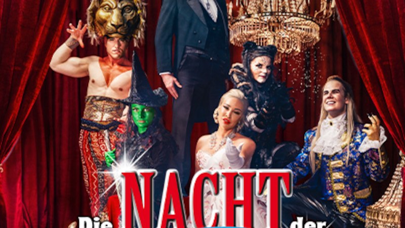 Poster for "The Night of Musicals" featuring characters from *Frozen*, *Dance of the Vampires*, *Aladdin*, *Cats*, *The Lion King*, *Moulin Rouge*, and more., © Pura Vida Theater und Musical GmbH Poster for "The Night of Musicals" featuring characters from *Frozen*, *Dance of the Vampires*, *Aladdin*, *Cats*, *The Lion King*, *Moulin Rouge*, and more., © Pura Vida Theater und Musical GmbH