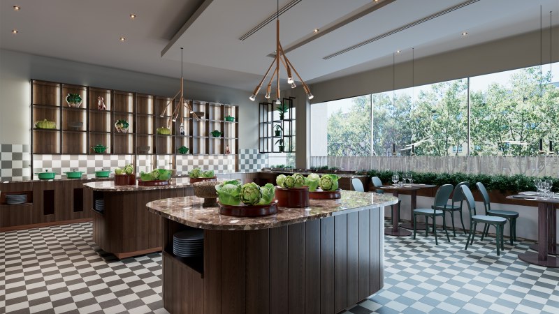 Elegantes Buffet mit Marmortischen, grünen Dekorationen und großen Fenstern, die viel Licht hereinlassen. Der Raum hat ein modernes Design mit kariertem Boden., © Scandic Hotels Elegantes Buffet mit Marmortischen, grünen Dekorationen und großen Fenstern, die viel Licht hereinlassen. Der Raum hat ein modernes Design mit kariertem Boden., © Scandic Hotels