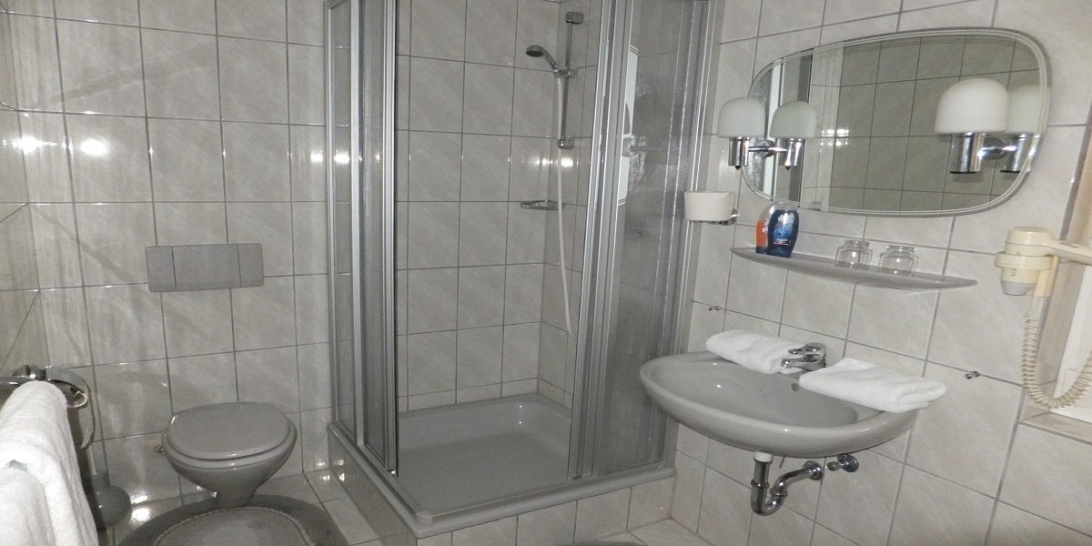 Kleines, gefliestes Badezimmer mit Dusche, Waschbecken, Spiegel, Toilette und Handtüchern. Ein Fön ist an der Wand montiert., © Hotel Traube