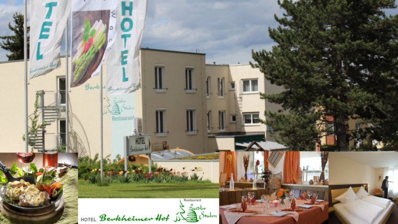 Collage des Berkheimer Hof Hotels: Außenansicht mit Fahnen, Restauranttisch, Hotelzimmer und ein Gericht in einer Pfanne., © Hotel Berkheimer Hof, (Esslingen), Collage des Berkheimer Hof Hotels: Außenansicht mit Fahnen, Restauranttisch, Hotelzimmer und ein Gericht in einer Pfanne., © Hotel Berkheimer Hof, (Esslingen),