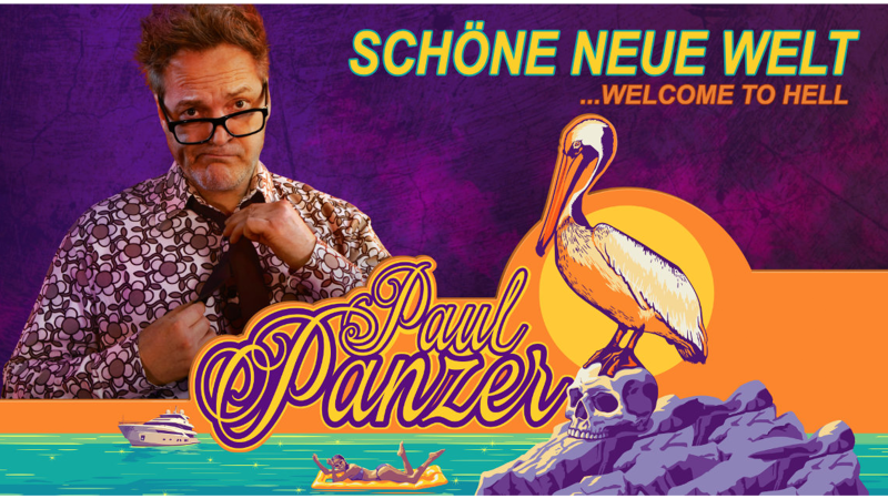 Paul Panzer vor lila Hintergrund, Pelikan auf Totenkopf, Text: 'Schöne neue Welt...Welcome to hell'. Boot und Frau im Wasser., © publiks Paul Panzer vor lila Hintergrund, Pelikan auf Totenkopf, Text: 'Schöne neue Welt...Welcome to hell'. Boot und Frau im Wasser., © publiks