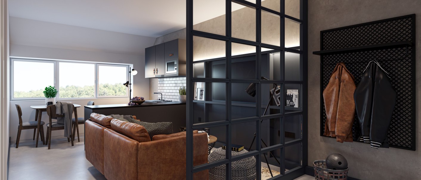 Modern loft with leather sofa, open kitchen, dining table and large windows. A glass wall separates the entrance area with coat rack., © CLOUD N°7 LOFTS Modern loft with leather sofa, open kitchen, dining table and large windows. A glass wall separates the entrance area with coat rack., © CLOUD N°7 LOFTS