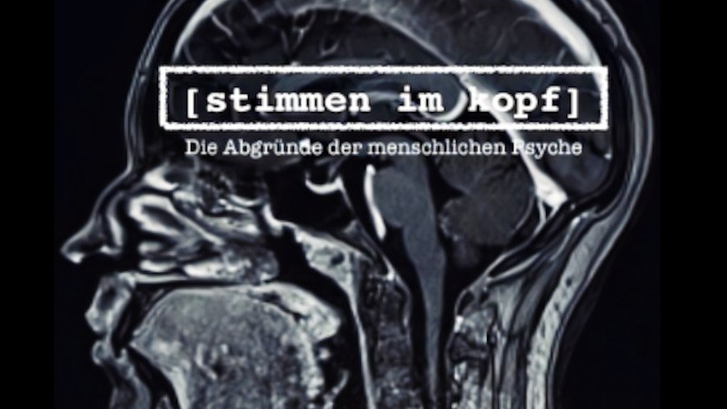 MRI image of a head with text 'Voices in the head' and 'New case'. Thematizes the abysses of the human psyche., &copy; Music Circus Concertb&uuml;ro GmbH &CoKG