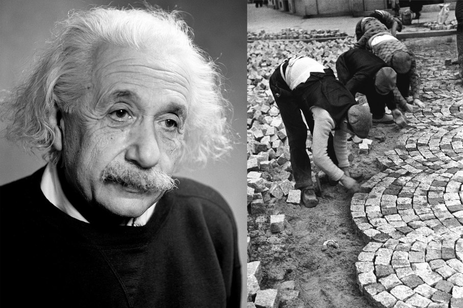 Links ein älterer Mann mit weißem Haar, rechts Arbeiter beim Verlegen von Pflastersteinen., © Fred Stein Links ein älterer Mann mit weißem Haar, rechts Arbeiter beim Verlegen von Pflastersteinen., © Fred Stein