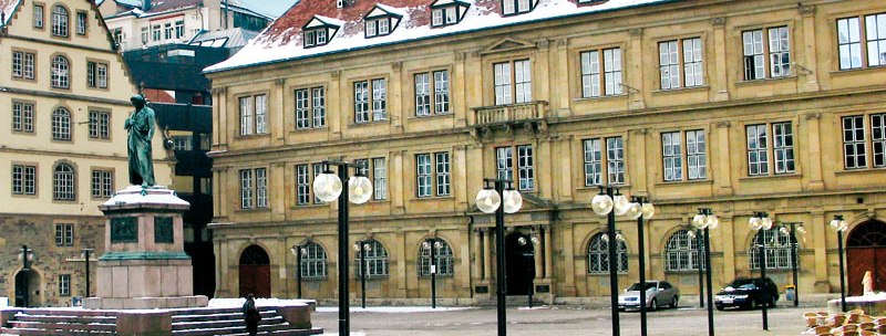 Prinzenbau on Schillerplatz Stuttgart with Stiftsfruchtkasten on the left and Schiller monument in the foreground