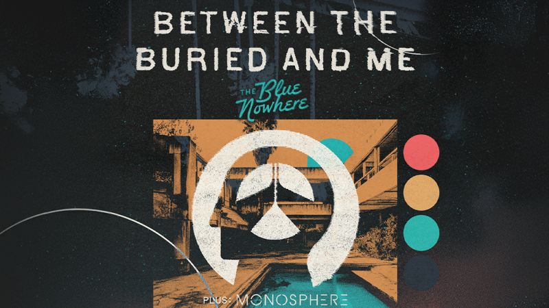 Poster für 'Between The Buried And Me' mit einem stilisierten Symbol und bunten Kreisen auf dunklem Hintergrund., © links im Bild Poster für 'Between The Buried And Me' mit einem stilisierten Symbol und bunten Kreisen auf dunklem Hintergrund., © links im Bild