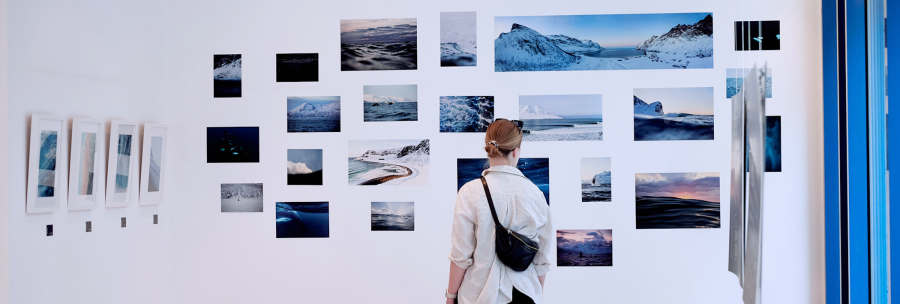 A person looks at a wall with photographs of landscapes and water. The pictures show various natural motifs in cool colors., © OCEAN GALLERY