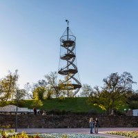 The Killesberg Tower stands in a park surrounded by trees. People are walking at sunset. A waffle stand is visible., © © Stuttgart-Marketing GmbH, Werner Dieterich
