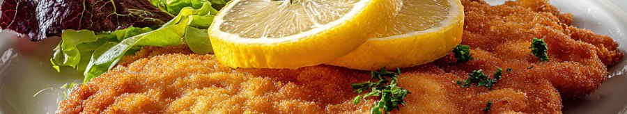 Ein knuspriges Schnitzel mit Zitronenscheiben und frischem Salat auf einem weißen Teller angerichtet., © KI-generiert Ein knuspriges Schnitzel mit Zitronenscheiben und frischem Salat auf einem weißen Teller angerichtet., © KI-generiert
