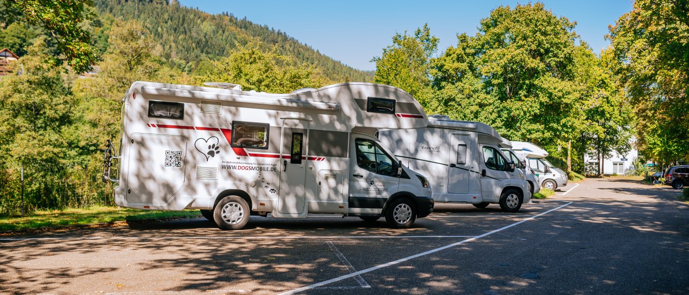 Motorhome site in Bad Wildbad with several motorhomes, surrounded by trees and mountains in sunny weather., &copy; Stuttgart-Marketing GmbH, Thomas Niederm&uuml;ller